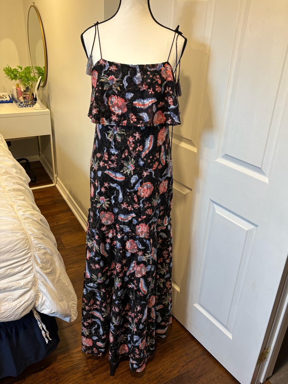 Guess Floral Paisley Ruffle Maxi Dress Size S Boho Strappy